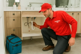 Tecnico arreglando sifon lavamanos