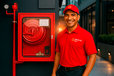 Tecnico con carrete red humeda de incendio