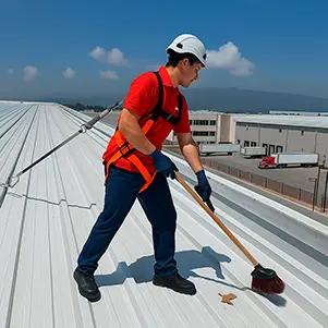 Tecnico barriendo techo industrial